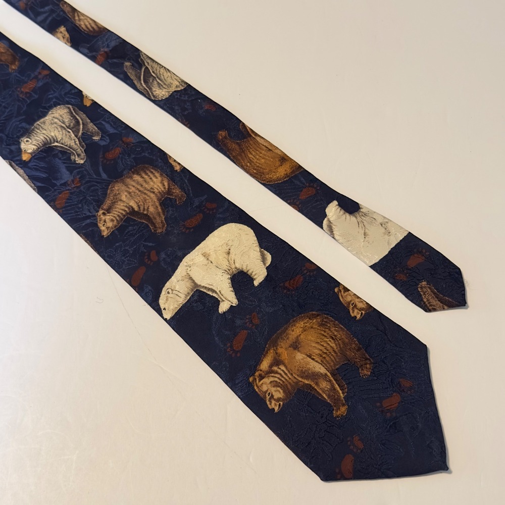 Vintage 1996 Endangered Species Marc Dennis North American Bears Silk Tie Navy